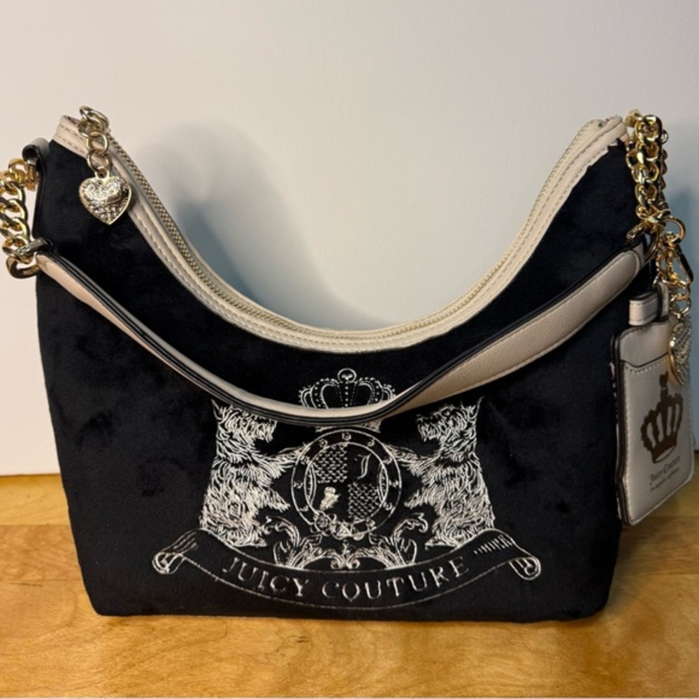 Juicy Couture Velour Hobo Bag Black Cream Crest Gold Chain NWT